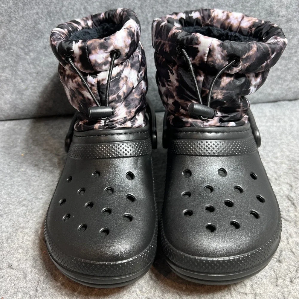 Crocs Classic Neo Puff Shorty Boot Black Marble Tie Dye Fleece Lined Womens 7